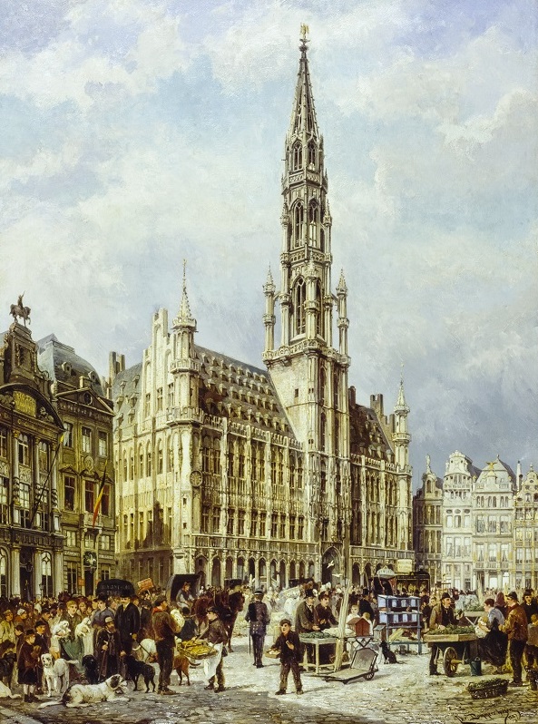 C. Dommershuizen, Le marché du dimanche sur la Grand-Place, schilderij. | Collectie Museum van de Stad Brussel - Broodhuis